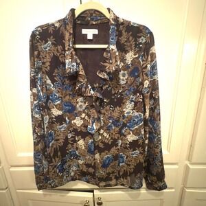 Coldwater Creek Womens Floral Long Sleeve Ruffle Neck Blouse Top Size L 14‎ 16